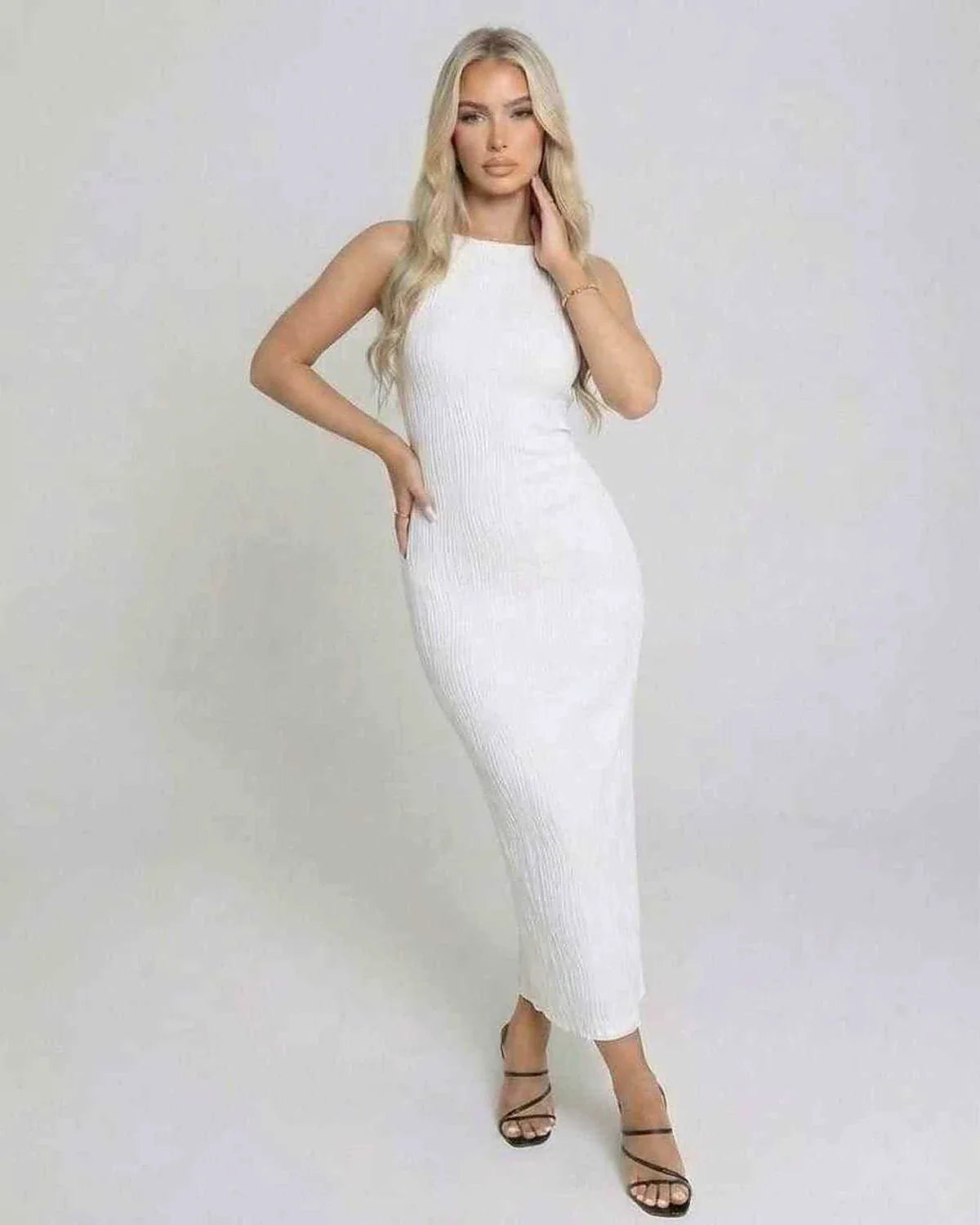 White Satin Bodycon Round Neck Sleeveless Maxi Dress | Formal Events, Cocktail Parties, Day-to-Night & Casual Wear, front vie | SKU: LMD-372849015-white-L-1027,LMD-372849015-white-M-8288,LMD-372849015-white-S-6559,LMD-372849015-white-XL-2992,LMD-372849015-white-XS-1338
