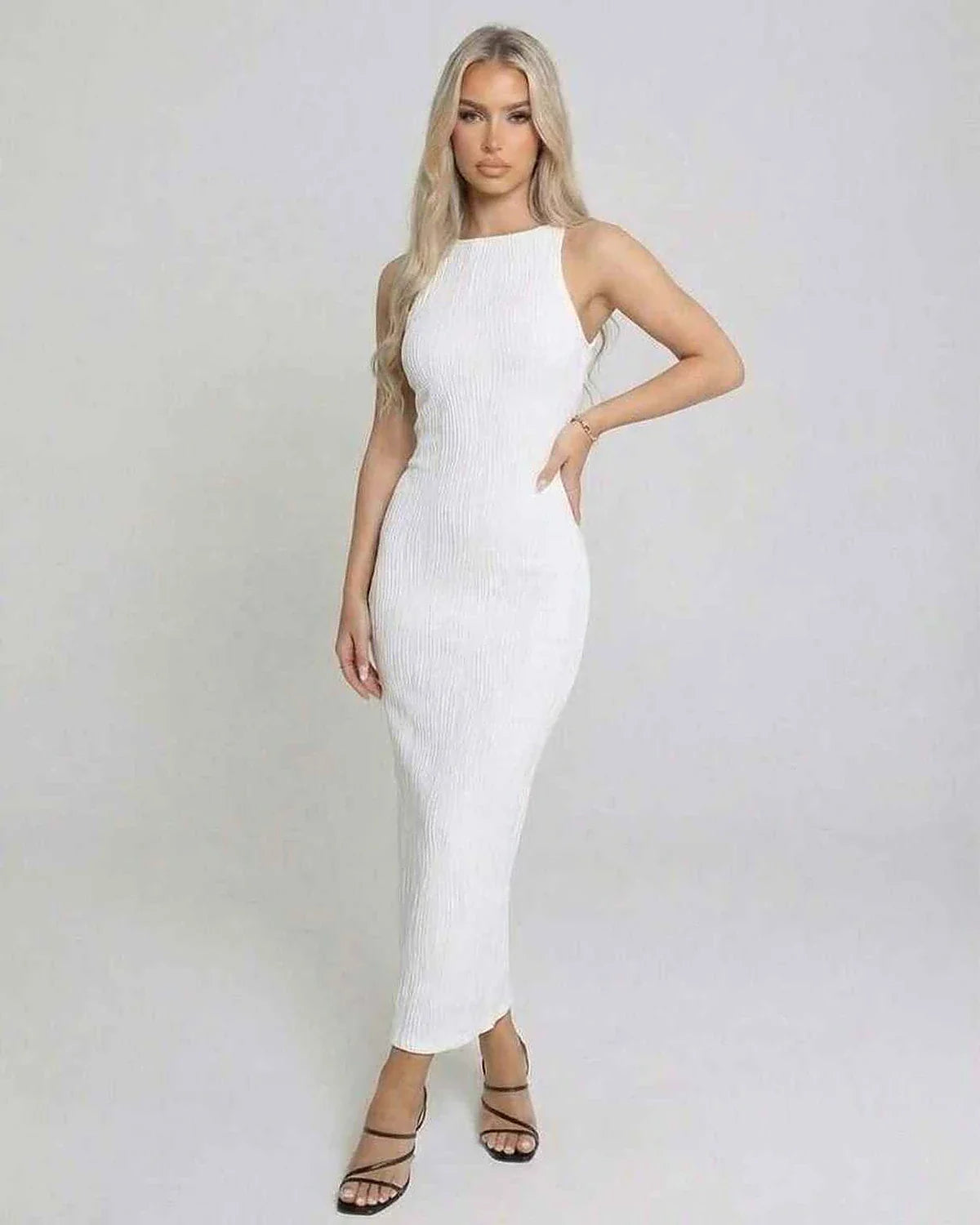 White Satin Bodycon Round Neck Sleeveless Maxi Dress | Formal Events, Cocktail Parties, Day-to-Night & Casual Wear, front vie | SKU: LMD-372849015-white-L-1027,LMD-372849015-white-M-8288,LMD-372849015-white-S-6559,LMD-372849015-white-XL-2992,LMD-372849015-white-XS-1338