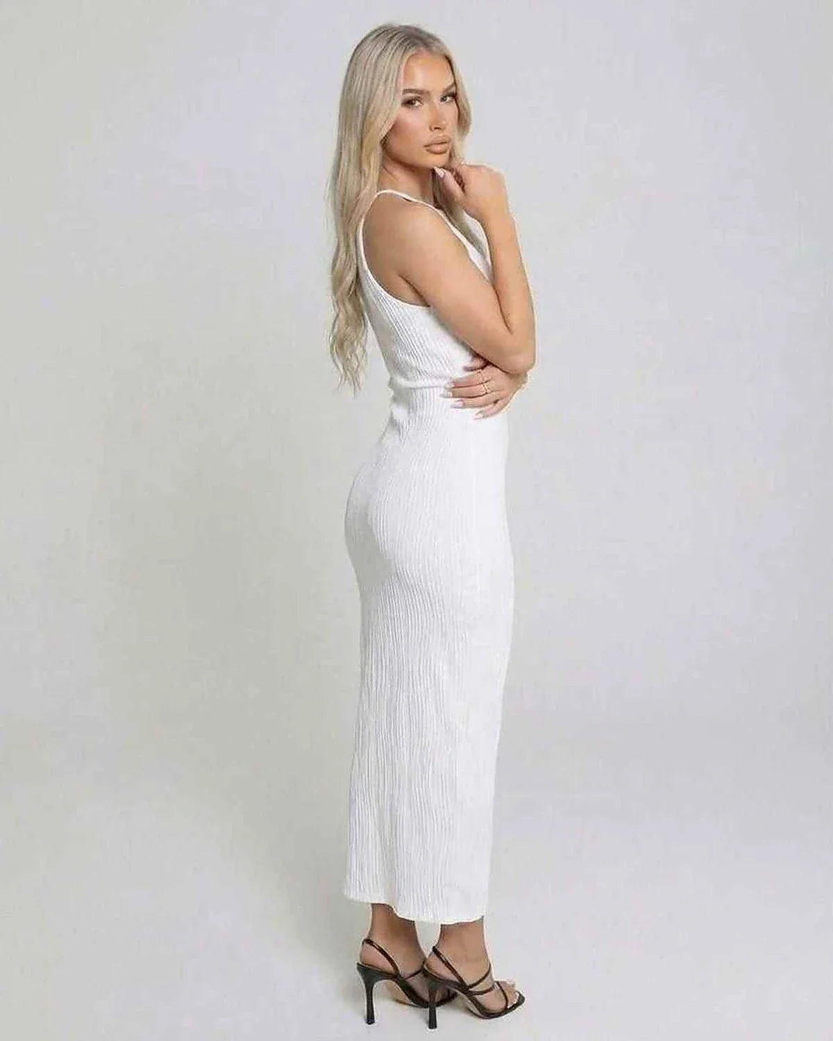 White Satin Bodycon Round Neck Sleeveless Maxi Dress | Formal Events, Cocktail Parties, Day-to-Night & Casual Wear, side view | SKU: LMD-372849015-white-L-1027,LMD-372849015-white-M-8288,LMD-372849015-white-S-6559,LMD-372849015-white-XL-2992,LMD-372849015-white-XS-1338