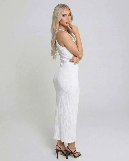 White Satin Bodycon Round Neck Sleeveless Maxi Dress | Formal Events, Cocktail Parties, Day-to-Night & Casual Wear, side view | SKU: LMD-372849015-white-L-1027,LMD-372849015-white-M-8288,LMD-372849015-white-S-6559,LMD-372849015-white-XL-2992,LMD-372849015-white-XS-1338