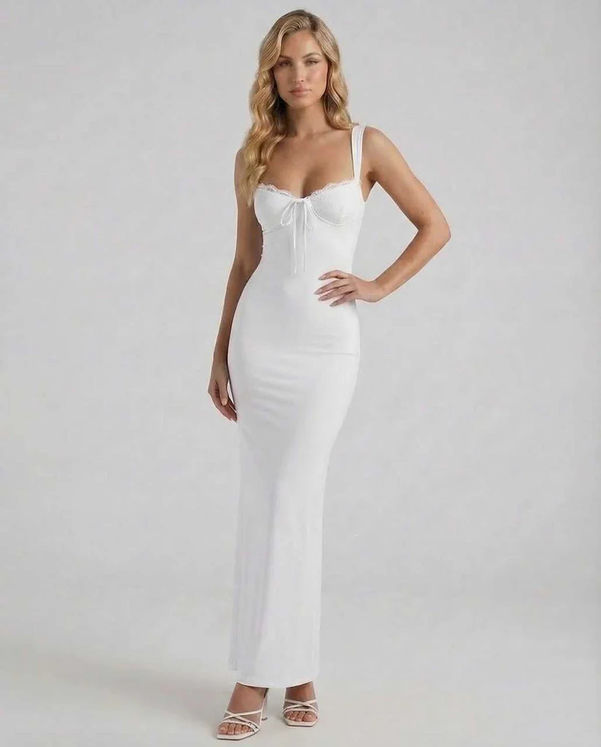 White Satin Bodycon Round Neck Sleeveless Maxi Dress | Gala Nights, Cocktail Hour & Daily Wear, front view | Ramblion | SKU: CMD-293847562-white-L-5731,CMD-293847562-white-M-2385,CMD-293847562-white-S-4689,CMD-293847562-white-XL-5244,CMD-293847562-white-XS-2156