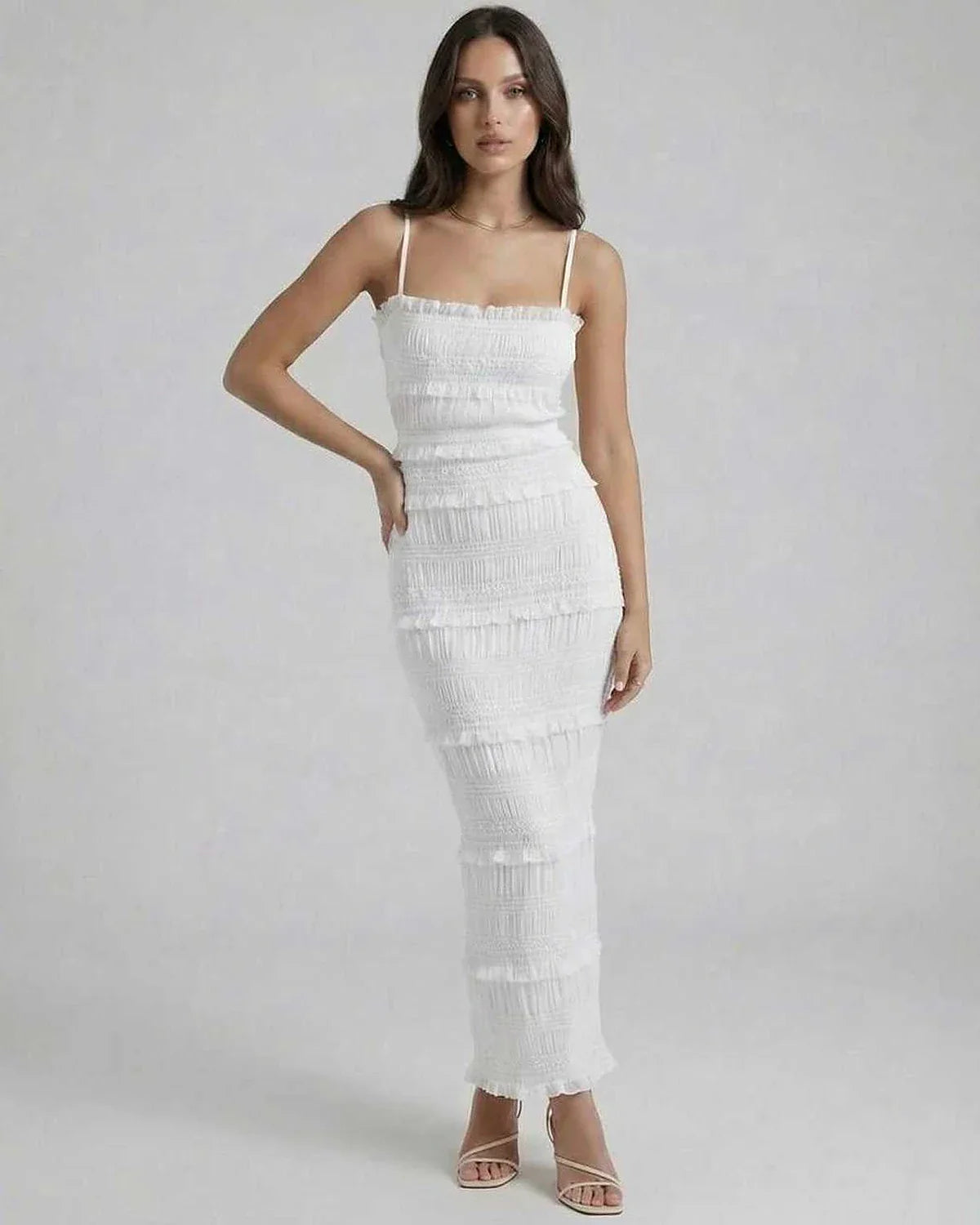 White Satin Bodycon Square Neck Sleeveless Maxi Dress | Formal Events, Cocktail Parties & Day-to-Night, front view | Ramblion | SKU: LMD-854217639-white-L-6145,LMD-854217639-white-M-9555,LMD-854217639-white-S-2426,LMD-854217639-white-XL-5005,LMD-854217639-white-XS-852