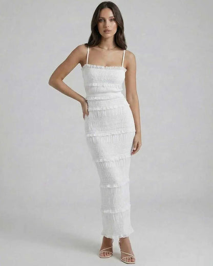 White Satin Bodycon Square Neck Sleeveless Maxi Dress | Formal Events, Cocktail Parties & Day-to-Night, front view | Ramblion | SKU: LMD-854217639-white-L-6145,LMD-854217639-white-M-9555,LMD-854217639-white-S-2426,LMD-854217639-white-XL-5005,LMD-854217639-white-XS-852