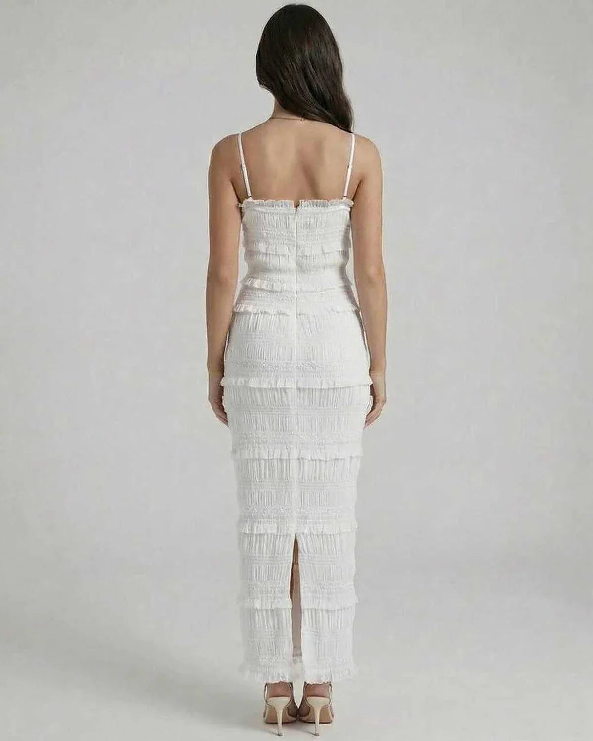 White Satin Bodycon Square Neck Sleeveless Maxi Dress | Formal Events, Cocktail Parties & Day-to-Night, back view | Ramblion | SKU: LMD-854217639-white-L-6145,LMD-854217639-white-M-9555,LMD-854217639-white-S-2426,LMD-854217639-white-XL-5005,LMD-854217639-white-XS-852