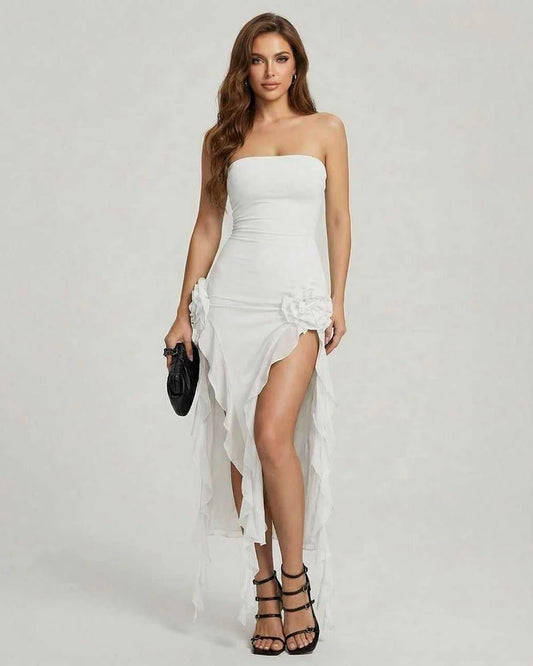 White Satin Bodycon Square Neck Sleeveless Maxi Dress | Prom & Cocktail Hour, front view | Ramblion