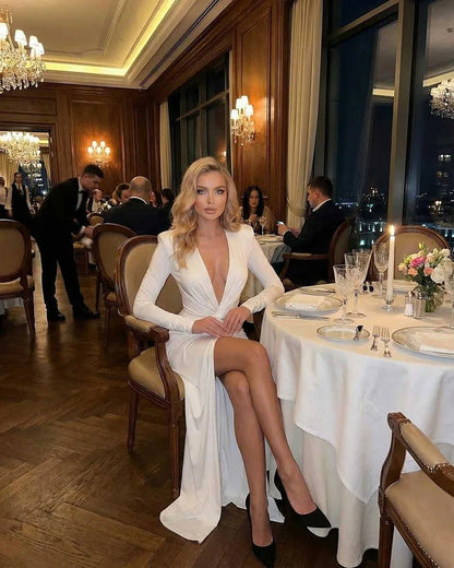 White Satin Bodycon V-Neck Long Sleeve Maxi Dress | Gala Nights & Party Nights, lifestyle shot | Ramblion | SKU: LMD-937461852-white-L-8421,LMD-937461852-white-M-4228,LMD-937461852-white-S-6263,LMD-937461852-white-XL-5600,LMD-937461852-white-XS-8590