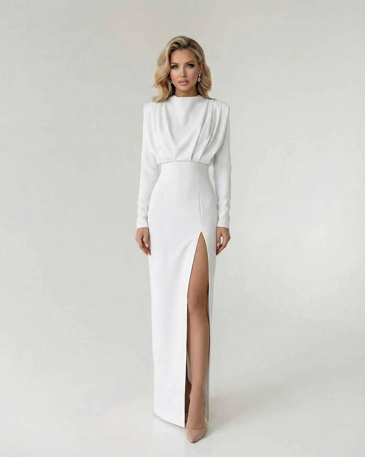 White Satin Gown Round Neck Sleeveless Maxi Dress | Prom & Cocktail Parties, front view | Ramblion | SKU: LMD-871623549-white-L-4072,LMD-871623549-white-M-4369,LMD-871623549-white-S-8017,LMD-871623549-white-XL-2941,LMD-871623549-white-XS-8766
