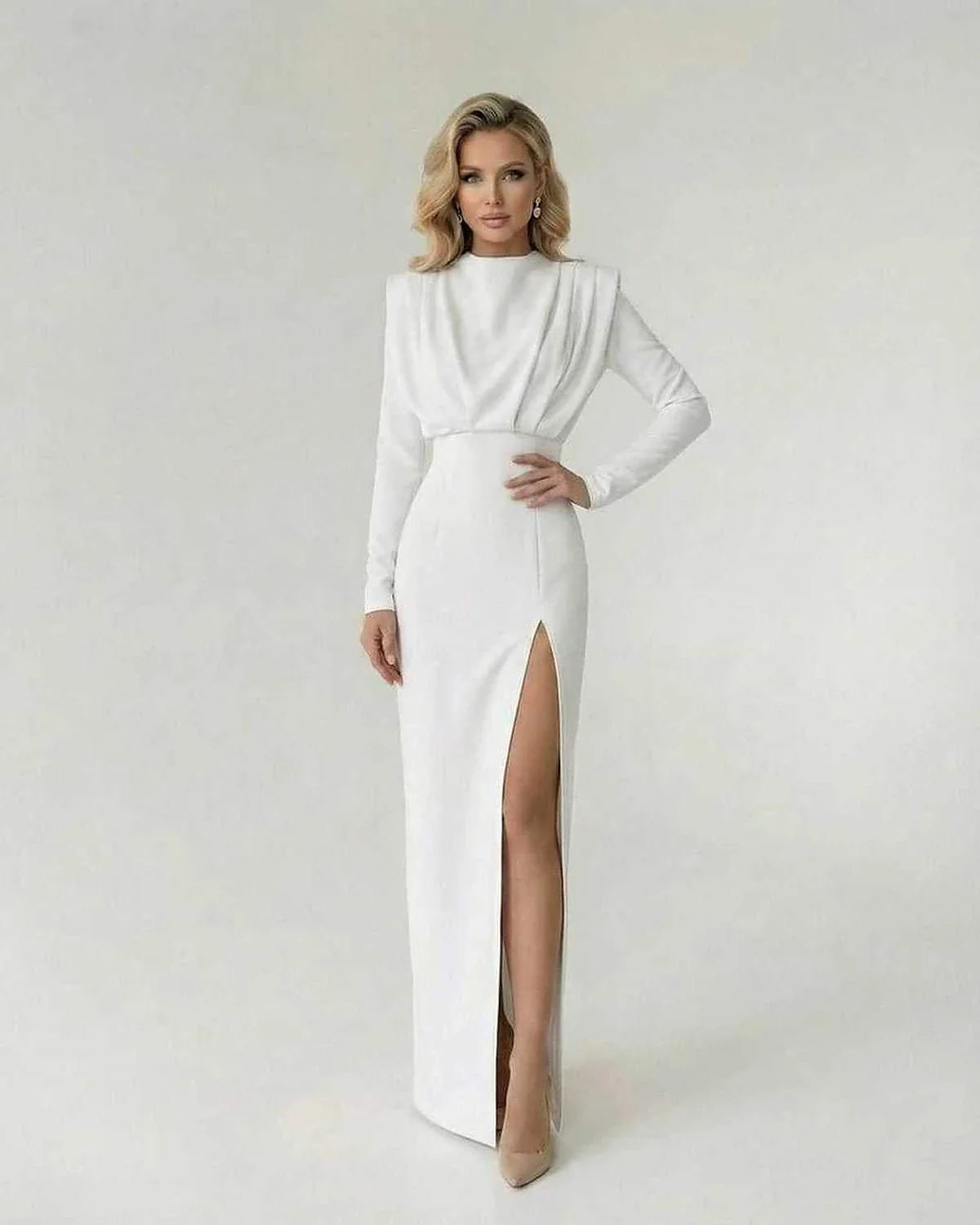 White Satin Gown Round Neck Sleeveless Maxi Dress | Prom & Cocktail Parties, front view | Ramblion | SKU: LMD-871623549-white-L-4072,LMD-871623549-white-M-4369,LMD-871623549-white-S-8017,LMD-871623549-white-XL-2941,LMD-871623549-white-XS-8766