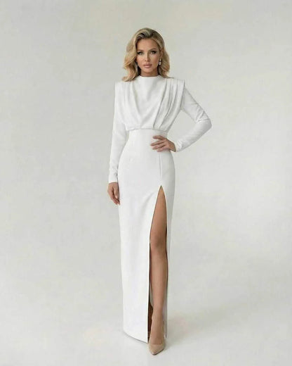 White Satin Gown Round Neck Sleeveless Maxi Dress | Prom & Cocktail Parties, front view | Ramblion | SKU: LMD-871623549-white-L-4072,LMD-871623549-white-M-4369,LMD-871623549-white-S-8017,LMD-871623549-white-XL-2941,LMD-871623549-white-XS-8766
