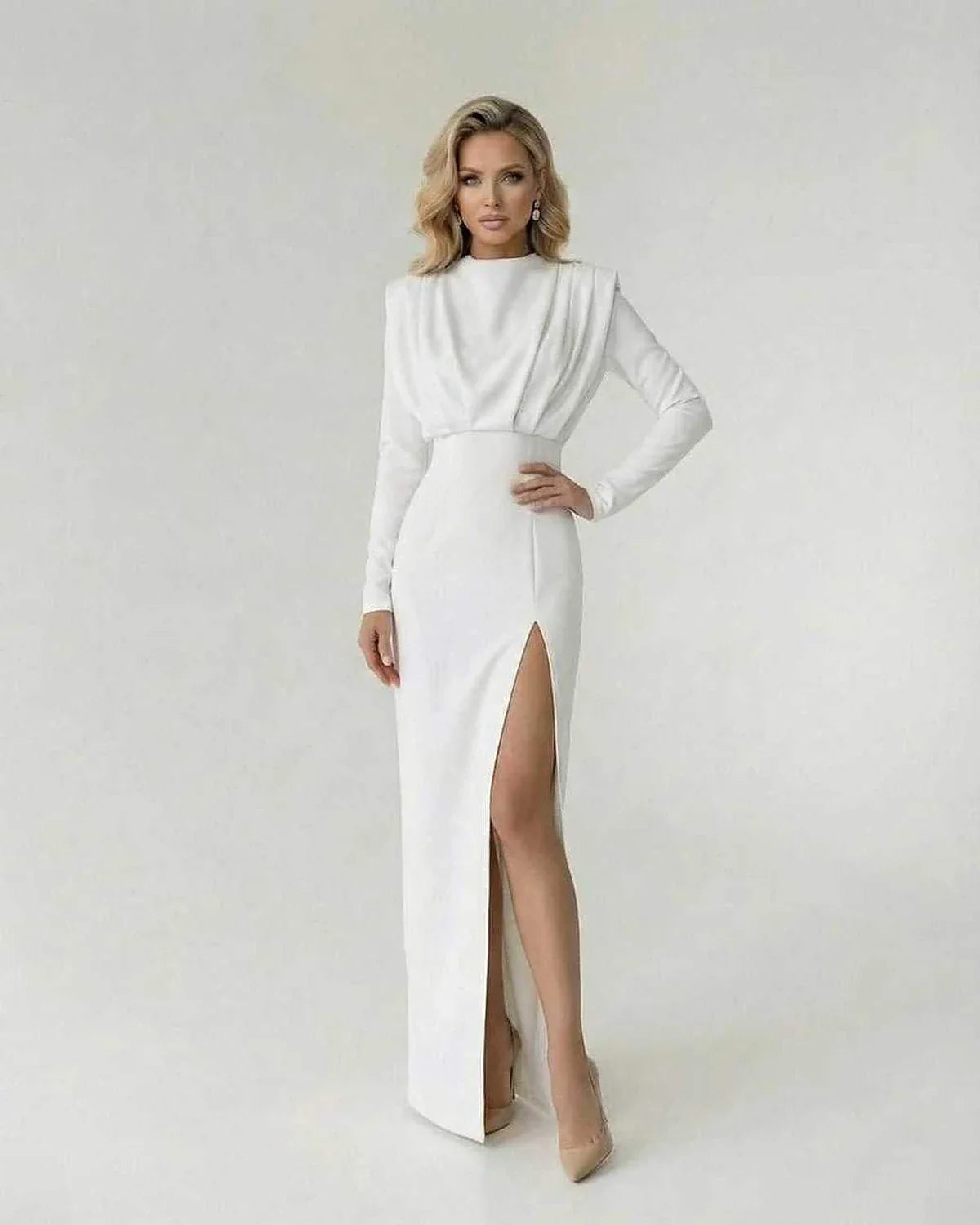 White Satin Gown Round Neck Sleeveless Maxi Dress | Prom & Cocktail Parties, front view | Ramblion | SKU: LMD-871623549-white-L-4072,LMD-871623549-white-M-4369,LMD-871623549-white-S-8017,LMD-871623549-white-XL-2941,LMD-871623549-white-XS-8766