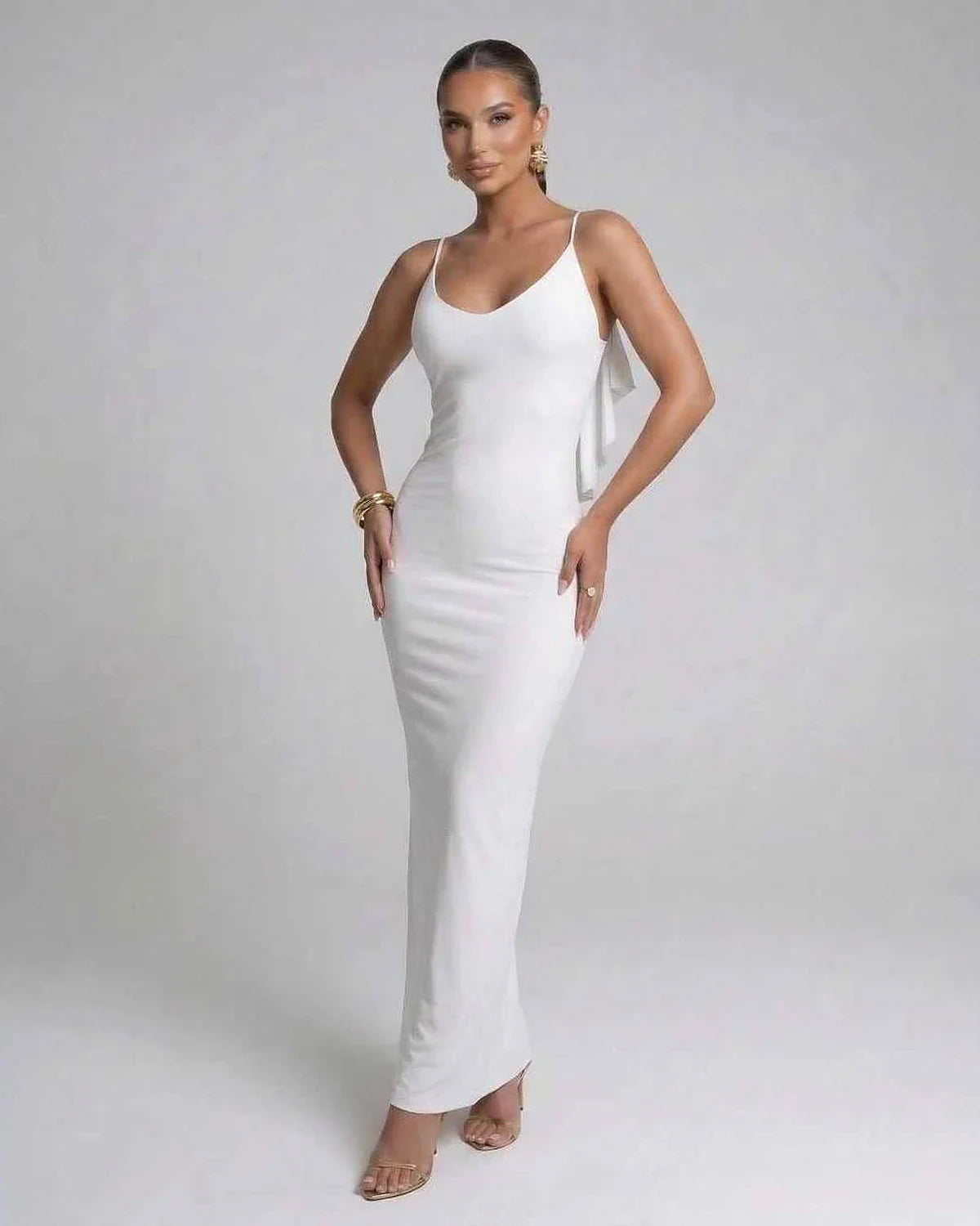 White Satin Gown V-Neck Sleeveless Maxi Dress | Evening Events, Party Nights, Bridal Showers & Daily Wear, front view | Rambl | SKU: SMX-583920176-white-L-8115,SMX-583920176-white-M-9324,SMX-583920176-white-S-4363,SMX-583920176-white-XL-2470,SMX-583920176-white-XS-2483