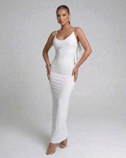 White Satin Gown V-Neck Sleeveless Maxi Dress | Evening Events, Party Nights, Bridal Showers & Daily Wear, front view | Rambl | SKU: SMX-583920176-white-L-8115,SMX-583920176-white-M-9324,SMX-583920176-white-S-4363,SMX-583920176-white-XL-2470,SMX-583920176-white-XS-2483