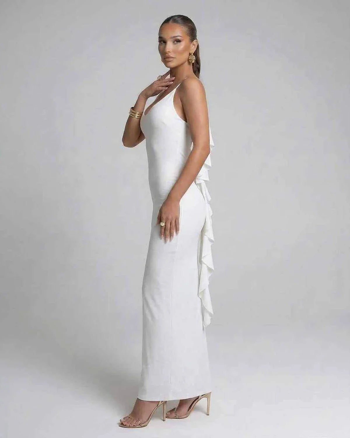 White Satin Gown V-Neck Sleeveless Maxi Dress | Evening Events, Party Nights, Bridal Showers & Daily Wear, side view | Rambli | SKU: SMX-583920176-white-L-8115,SMX-583920176-white-M-9324,SMX-583920176-white-S-4363,SMX-583920176-white-XL-2470,SMX-583920176-white-XS-2483