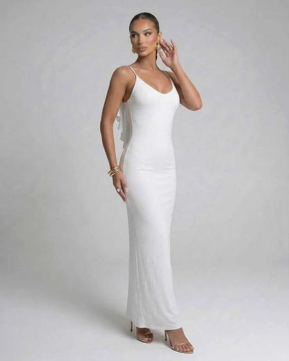 White Satin Gown V-Neck Sleeveless Maxi Dress | Evening Events, Party Nights, Bridal Showers & Daily Wear, side view | Rambli | SKU: SMX-583920176-white-L-8115,SMX-583920176-white-M-9324,SMX-583920176-white-S-4363,SMX-583920176-white-XL-2470,SMX-583920176-white-XS-2483