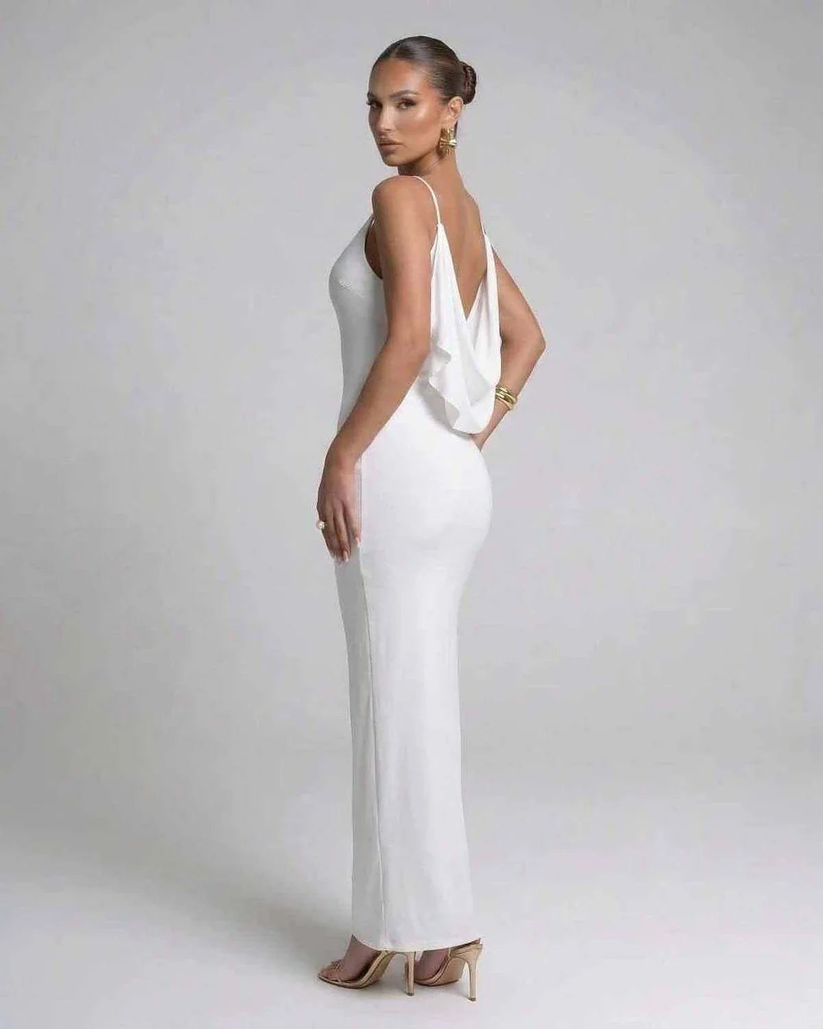 White Satin Gown V-Neck Sleeveless Maxi Dress | Evening Events, Party Nights, Bridal Showers & Daily Wear, side view | Rambli | SKU: SMX-583920176-white-L-8115,SMX-583920176-white-M-9324,SMX-583920176-white-S-4363,SMX-583920176-white-XL-2470,SMX-583920176-white-XS-2483