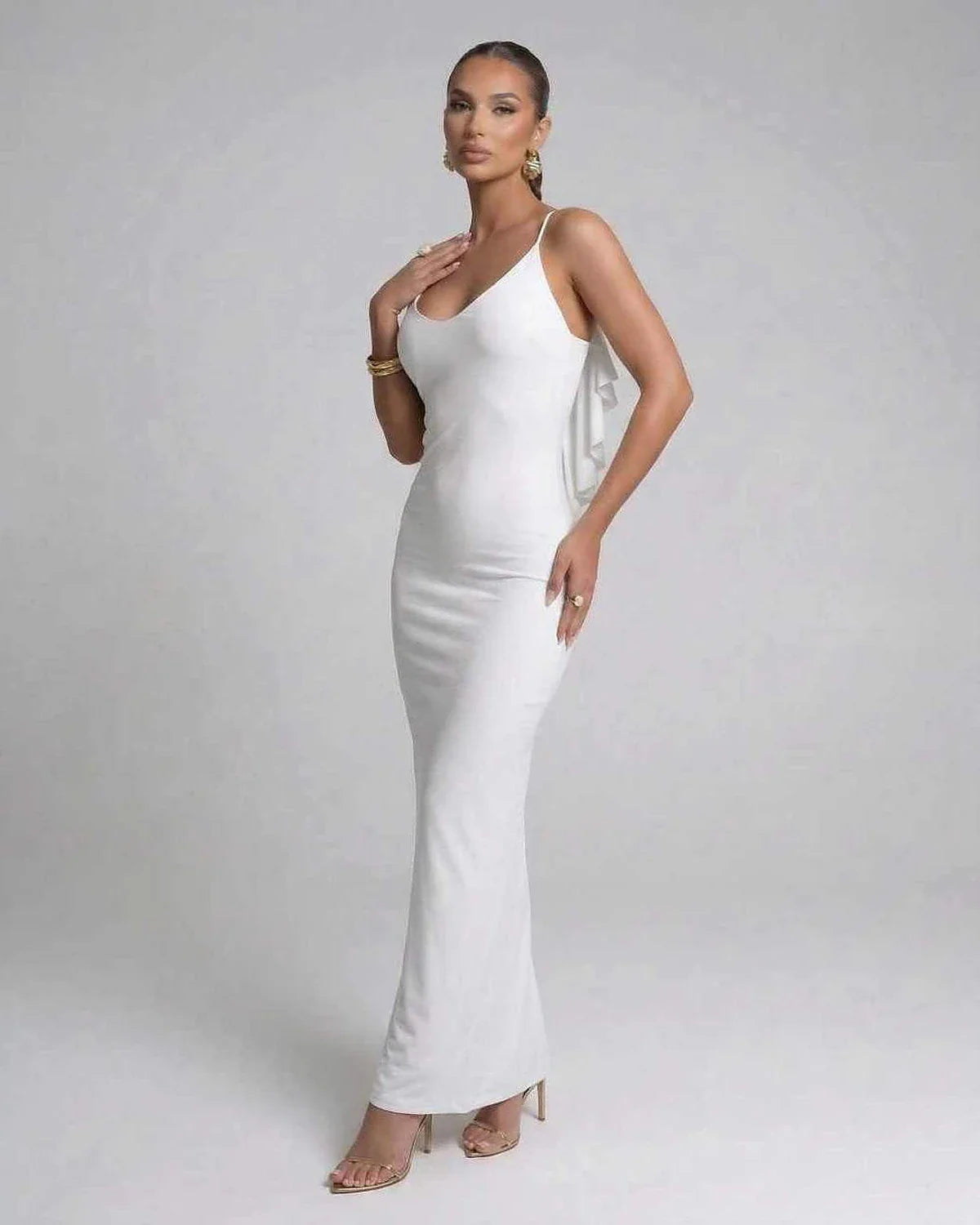 White Satin Gown V-Neck Sleeveless Maxi Dress | Evening Events, Party Nights, Bridal Showers & Daily Wear, side view | Rambli | SKU: SMX-583920176-white-L-8115,SMX-583920176-white-M-9324,SMX-583920176-white-S-4363,SMX-583920176-white-XL-2470,SMX-583920176-white-XS-2483