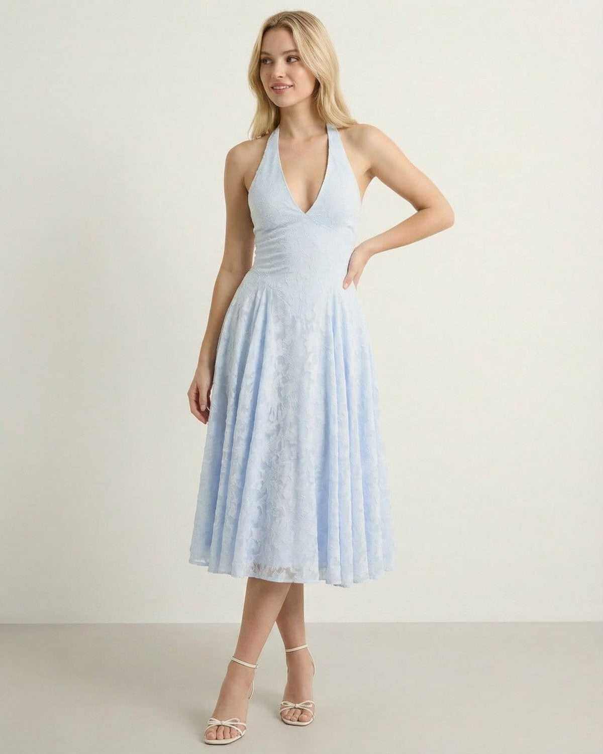 Wia Midi Dress - Blue midi-length halter dress, soft polyester, elegant for special occasions, by RAMBLION.