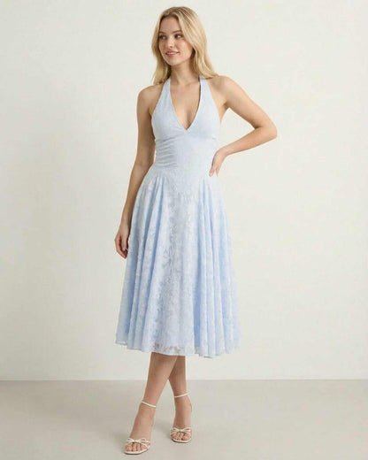 Wia Midi Dress - Blue midi-length halter dress, soft polyester, elegant for special occasions, by RAMBLION.
