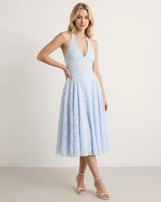 Wia Midi Dress, blue midi-length halter dress, soft polyester, elegant occasionwear, RAMBLION brand.