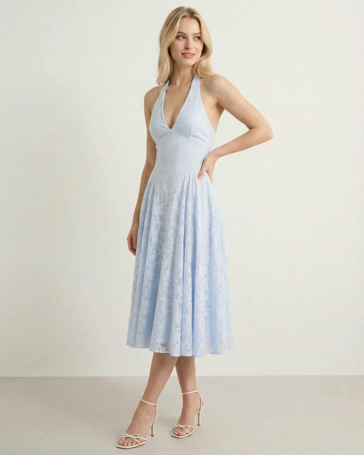 Wia Midi Dress in blue, 100% polyester, V neck, elegant occasionwear for stylish events by RAMBLION.