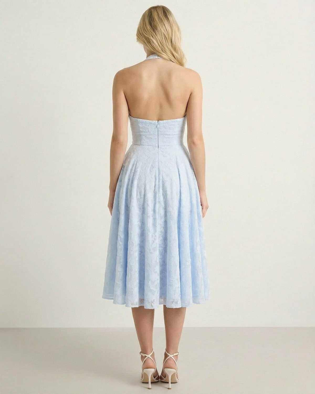 Wia Midi Dress back view, blue jacquard, elegant occasionwear, A-line cut from RAMBLION.
