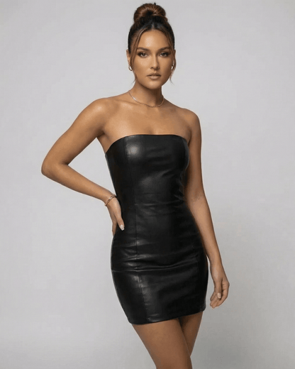 Wixa Mini Dress by RAMBLION, strapless black mini dress in polyester, highlighting elegance for modern occasions.