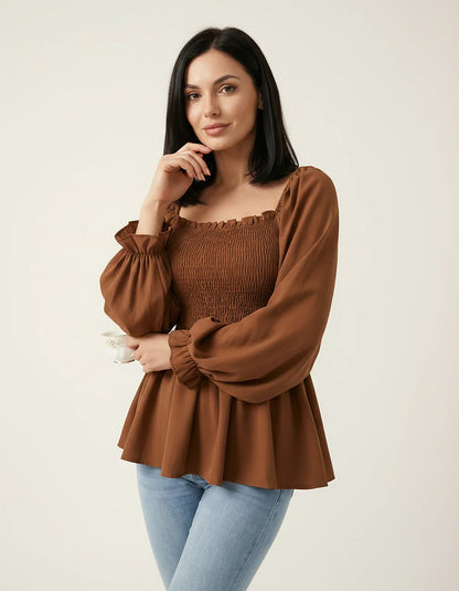 Women's Chiffon Smocked Peplum Blouse with Long Sleeves, Square Neck and Ruffle Details for Work, Casual Wear & Evening Styli | SKU: VB-582741936-BROWN-L,VB-582741936-BROWN-M,VB-582741936-BROWN-S,VB-582741936-BROWN-XL,VB-582741936-BROWN-XS