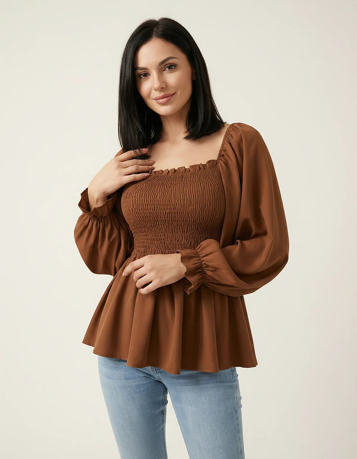 Women's Chiffon Smocked Peplum Blouse with Long Sleeves, Square Neck and Ruffle Details for Work, Casual Wear & Evening Styli | SKU: VB-582741936-BROWN-L,VB-582741936-BROWN-M,VB-582741936-BROWN-S,VB-582741936-BROWN-XL,VB-582741936-BROWN-XS
