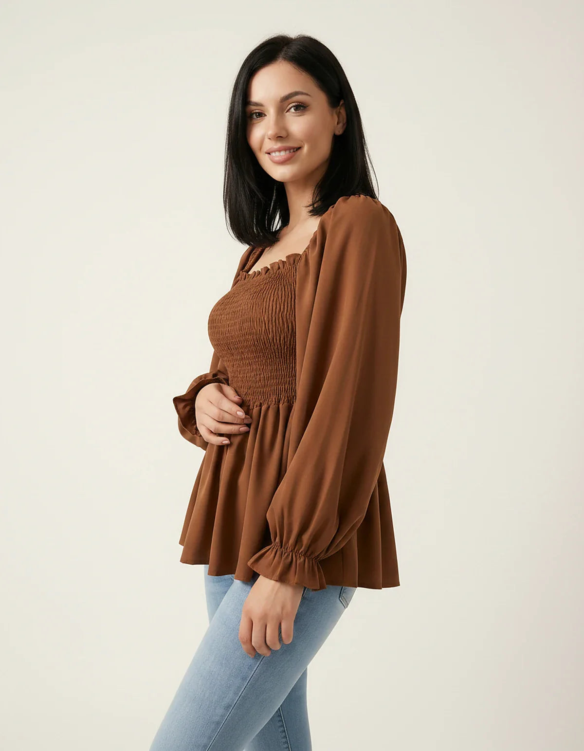 Women's Chiffon Smocked Peplum Blouse with Long Sleeves, Square Neck and Ruffle Details for Work, Casual Wear & Evening Styli | SKU: VB-582741936-BROWN-L,VB-582741936-BROWN-M,VB-582741936-BROWN-S,VB-582741936-BROWN-XL,VB-582741936-BROWN-XS