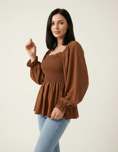 Women's Chiffon Smocked Peplum Blouse with Long Sleeves, Square Neck and Ruffle Details for Work, Casual Wear & Evening Styli | SKU: VB-582741936-BROWN-L,VB-582741936-BROWN-M,VB-582741936-BROWN-S,VB-582741936-BROWN-XL,VB-582741936-BROWN-XS
