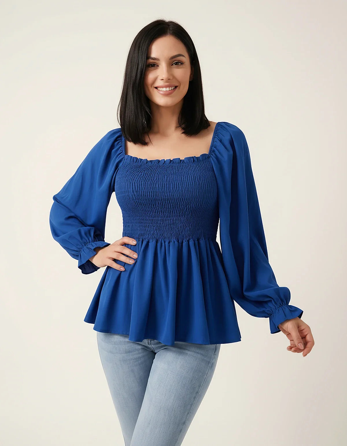 Women's Chiffon Smocked Peplum Blouse with Long Sleeves, Square Neck and Ruffle Details for Work, Casual Wear & Evening Styli | SKU: VB-582741936-BLUE-L,VB-582741936-BLUE-M,VB-582741936-BLUE-S,VB-582741936-BLUE-XL,VB-582741936-BLUE-XS