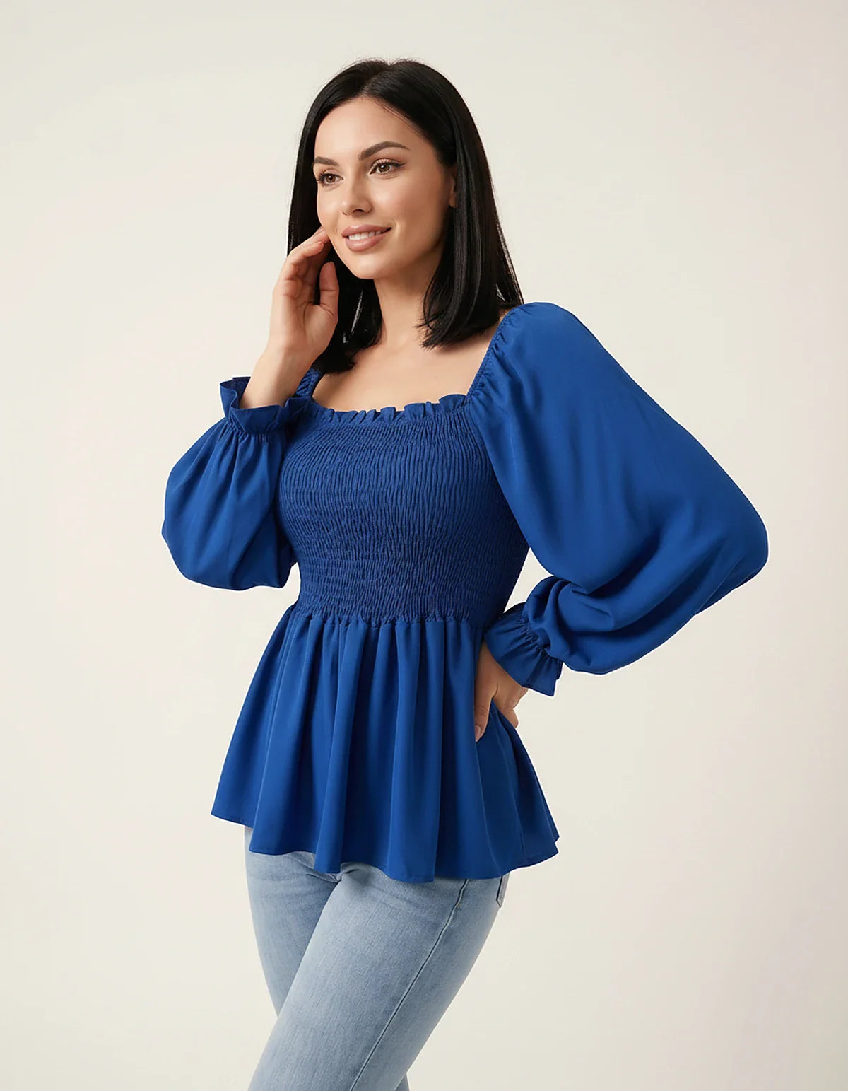 Women's Chiffon Smocked Peplum Blouse with Long Sleeves, Square Neck and Ruffle Details for Work, Casual Wear & Evening Styli | SKU: VB-582741936-BLUE-L,VB-582741936-BLUE-M,VB-582741936-BLUE-S,VB-582741936-BLUE-XL,VB-582741936-BLUE-XS