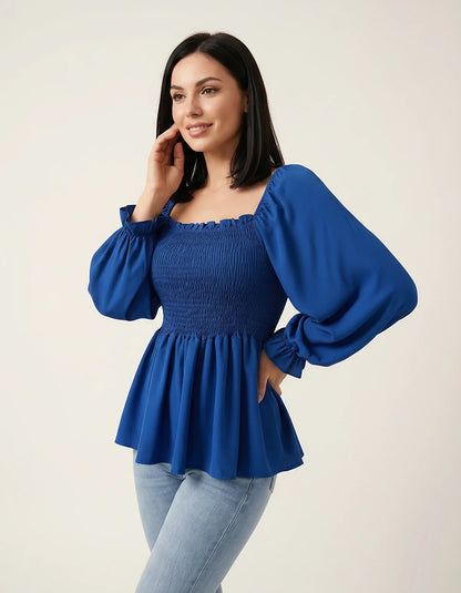 Women's Chiffon Smocked Peplum Blouse with Long Sleeves, Square Neck and Ruffle Details for Work, Casual Wear & Evening Styli | SKU: VB-582741936-BLUE-L,VB-582741936-BLUE-M,VB-582741936-BLUE-S,VB-582741936-BLUE-XL,VB-582741936-BLUE-XS