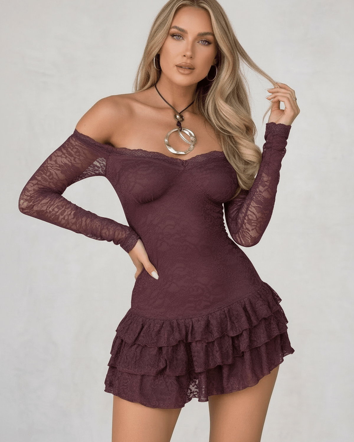 Wona Mini Dress in burgundy lace, off-the-shoulder design, flirty ruffled hem, perfect for special occasions by RAMBLION.