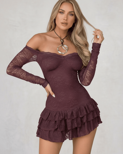 Wona Mini Dress in burgundy lace, off-the-shoulder design, flirty ruffled hem, perfect for special occasions by RAMBLION.