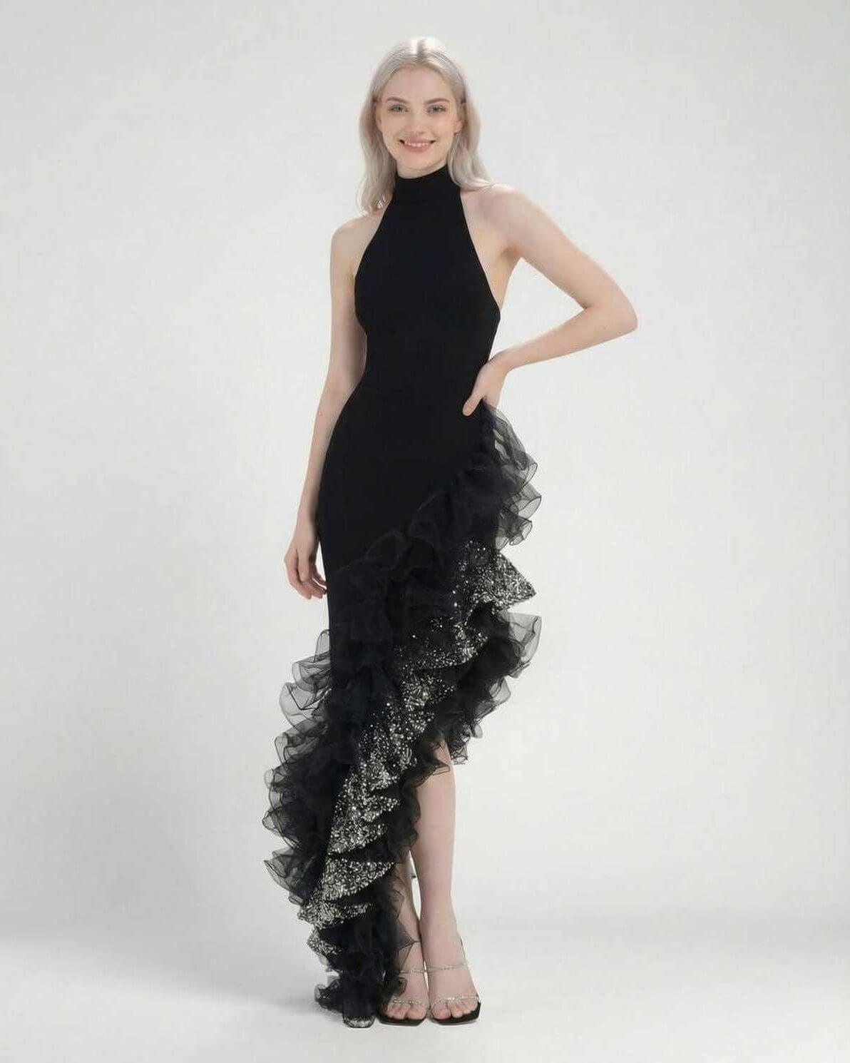 Wona Maxi Dress - black ankle-length halter dress with cascading ruffles; elegant, perfect for special occasions by RAMBLION.