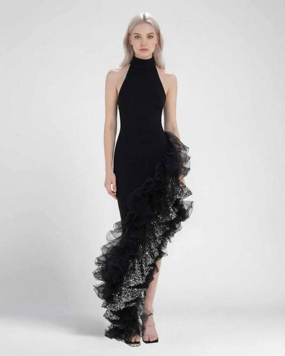 Wona Maxi Dress in black, halter neck, asymmetrical ruffle design by RAMBLION, perfect for elegant occasions.