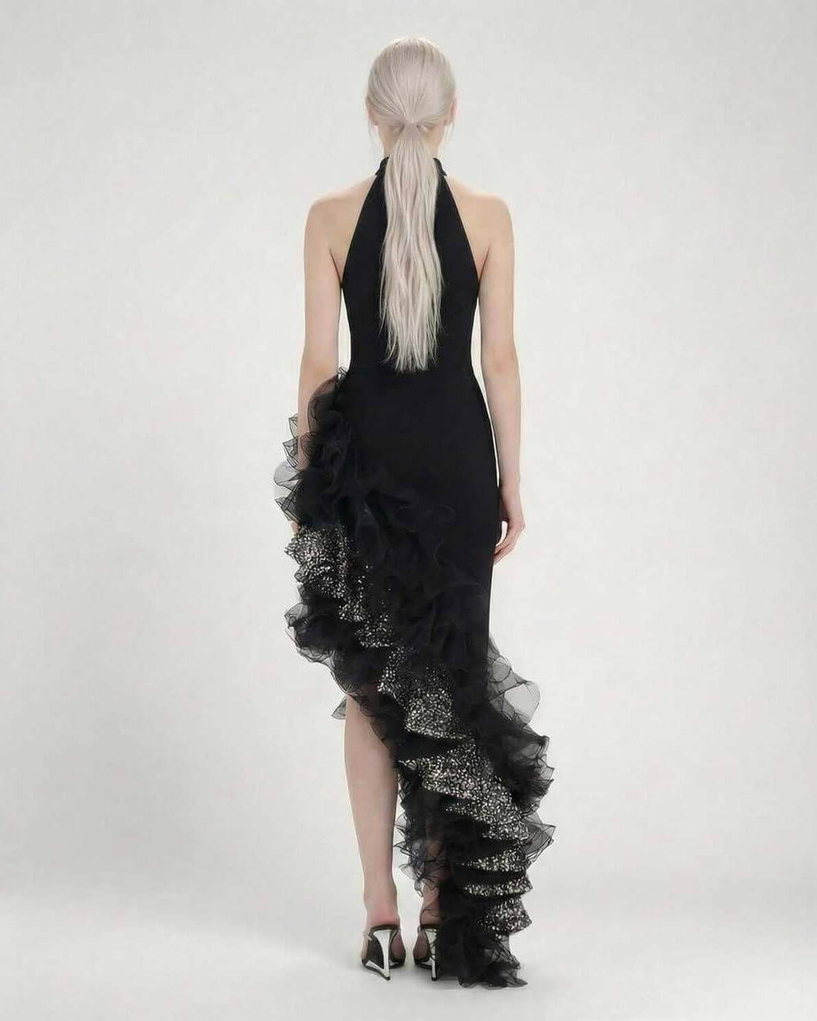 Wona Maxi Dress featuring a halter neck and cascading ruffles, perfect for elegant occasions by RAMBLION.