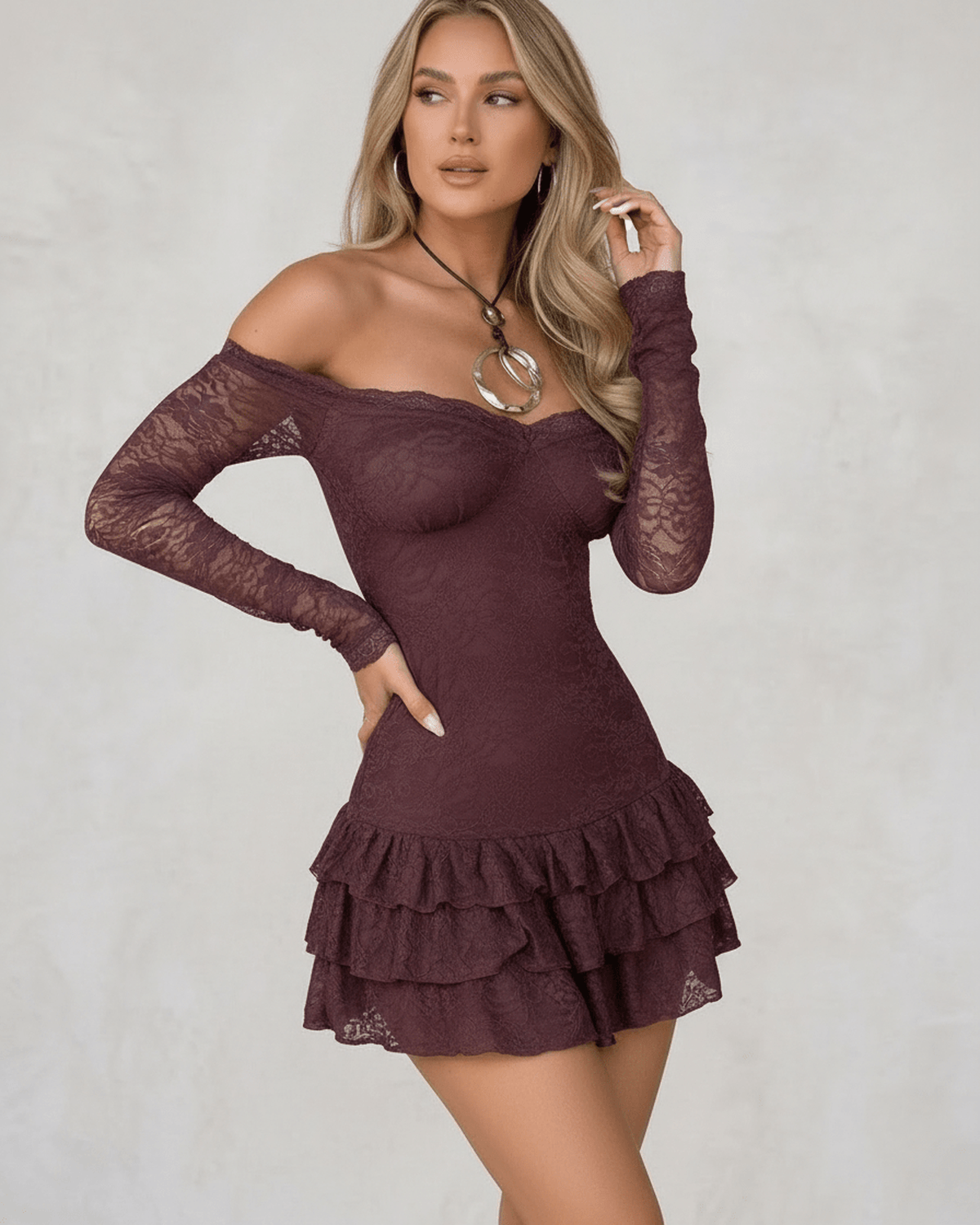 Wona Mini Dress in rich burgundy, off-the-shoulder, lace design perfect for elegant occasions; by RAMBLION.