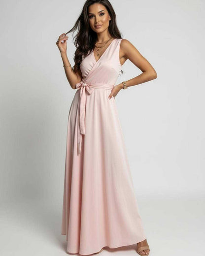 Wora Maxi Dress in soft blush pink, V-neck design, elegant silhouette, perfect for any occasion, RAMBLION brand.