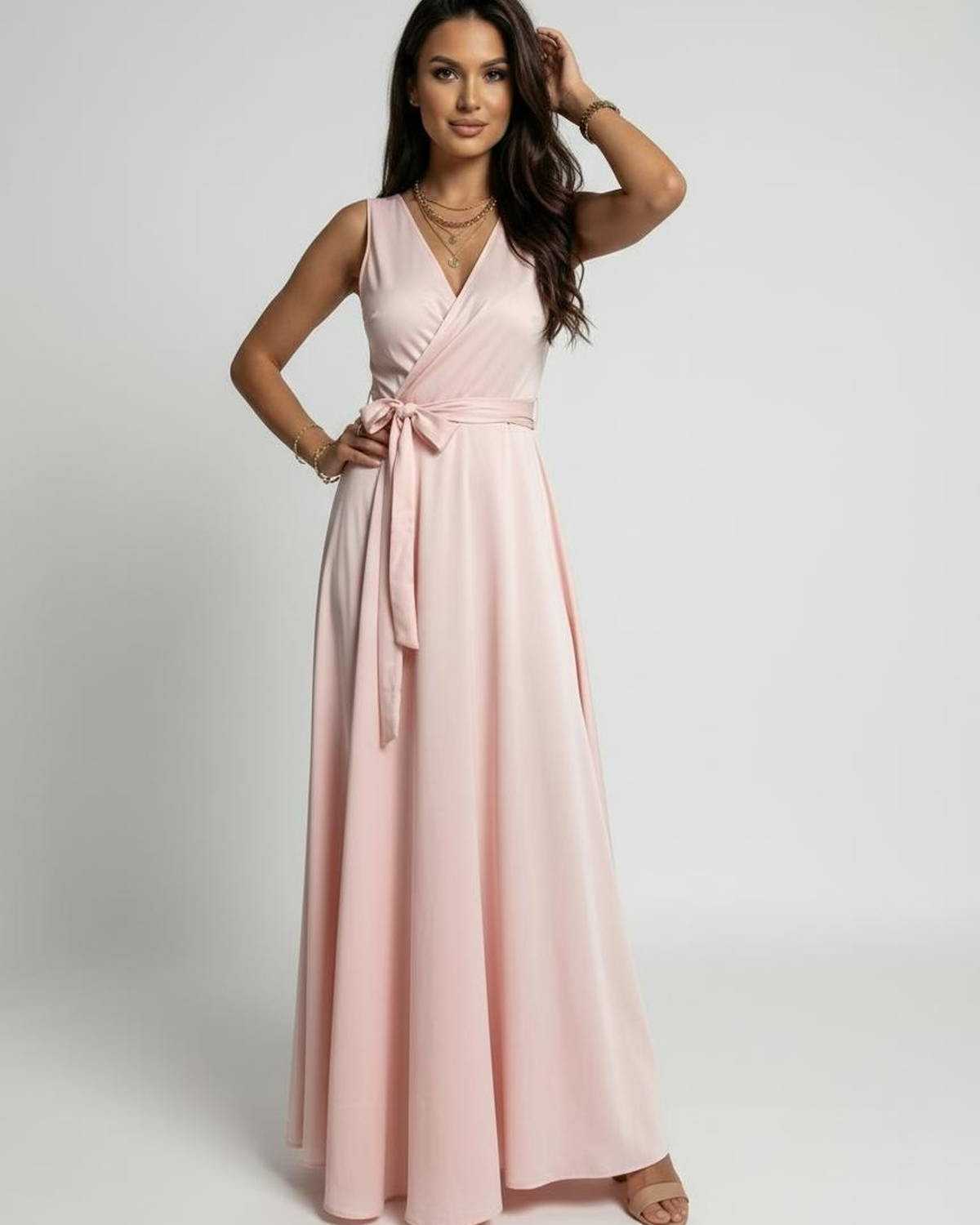Wora Maxi Dress in soft blush pink, V-neck design, lightweight satin, perfect for any occasion by RAMBLION.