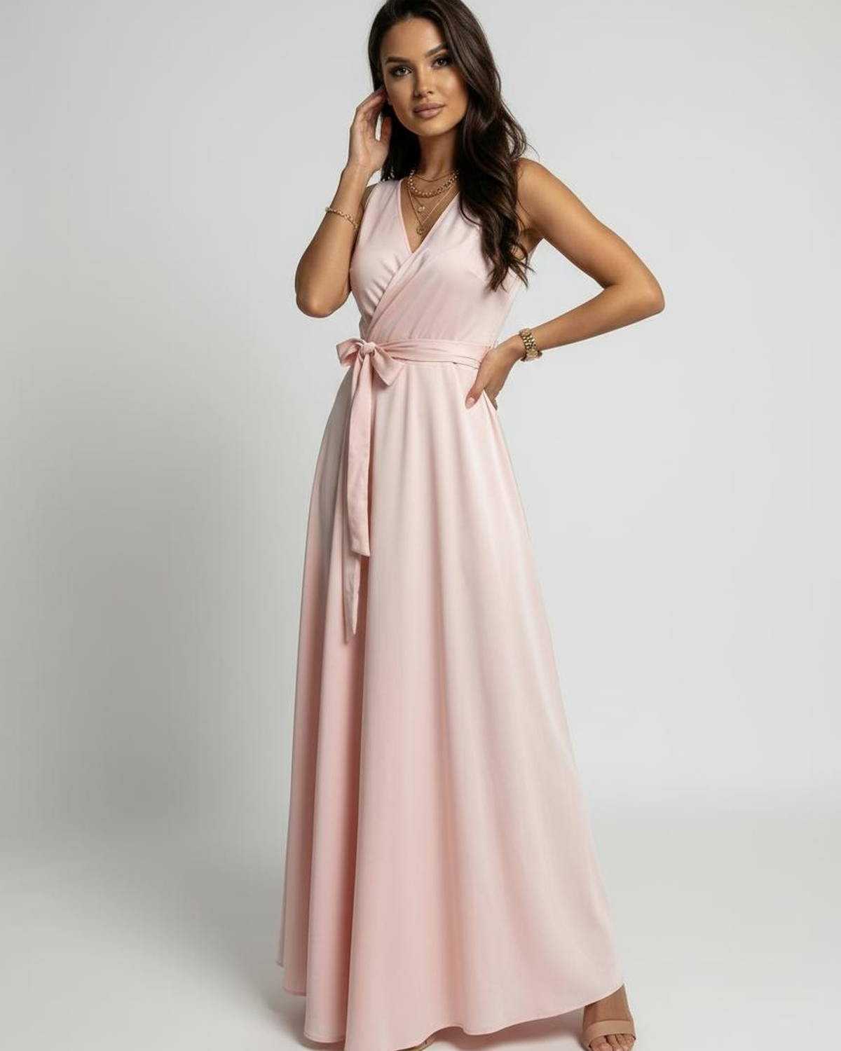 Wora Maxi Dress in soft blush pink, V-neck design, ankle-length, elegant satin, perfect for special occasions, by RAMBLION.