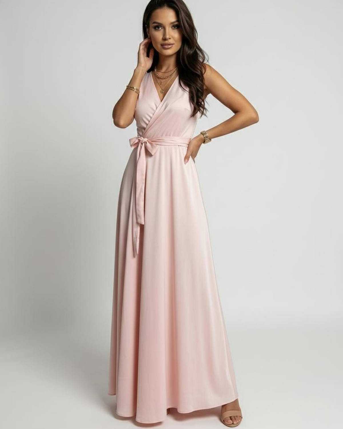 Wora Maxi Dress in blush pink, featuring a V-neck, ankle-length, and satin fabric by RAMBLION, perfect for elegant occasions.
