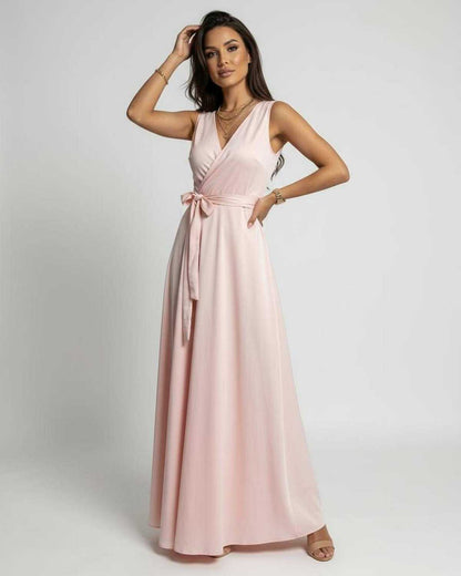 Wora Maxi Dress in blush pink, elegant V-neck design, lightweight satin for versatile occasions by RAMBLION.