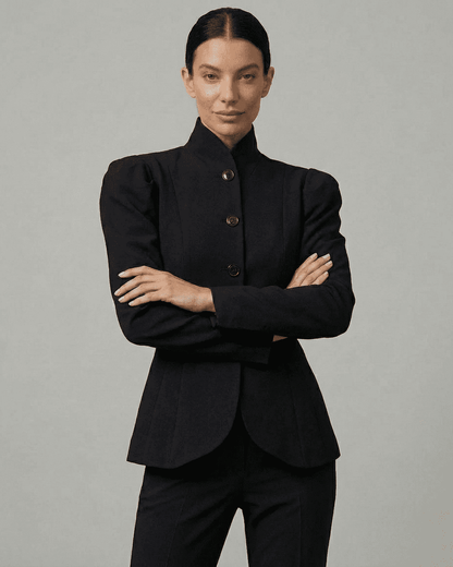 Wova Blazer by RAMBLION, a chic black blazer with stand collar and refined silhouette for sophisticated occasions.