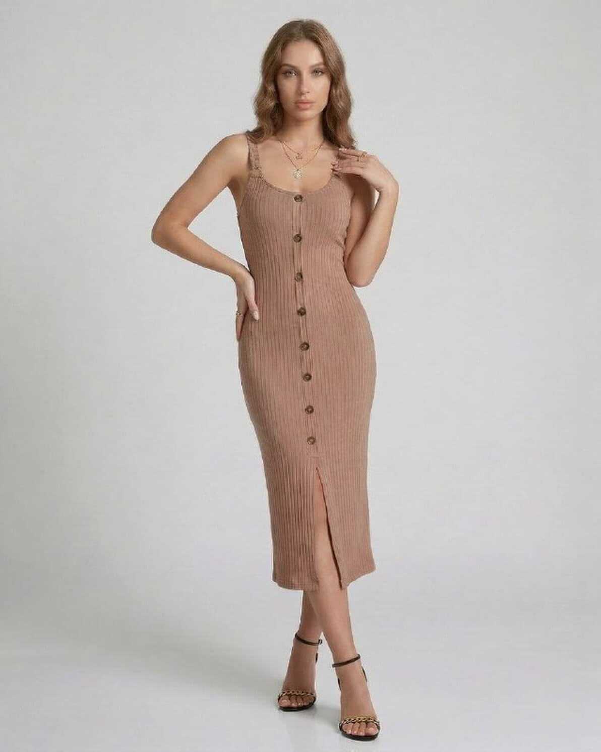 Woya Midi Dress by RAMBLION, sleeveless ribbed button-up style, perfect for casual outings and modern elegance.