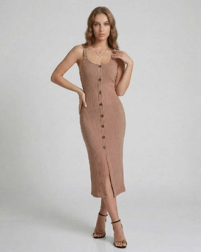 Woya Midi Dress by RAMBLION, sleeveless ribbed button-up style, perfect for casual outings and modern elegance.