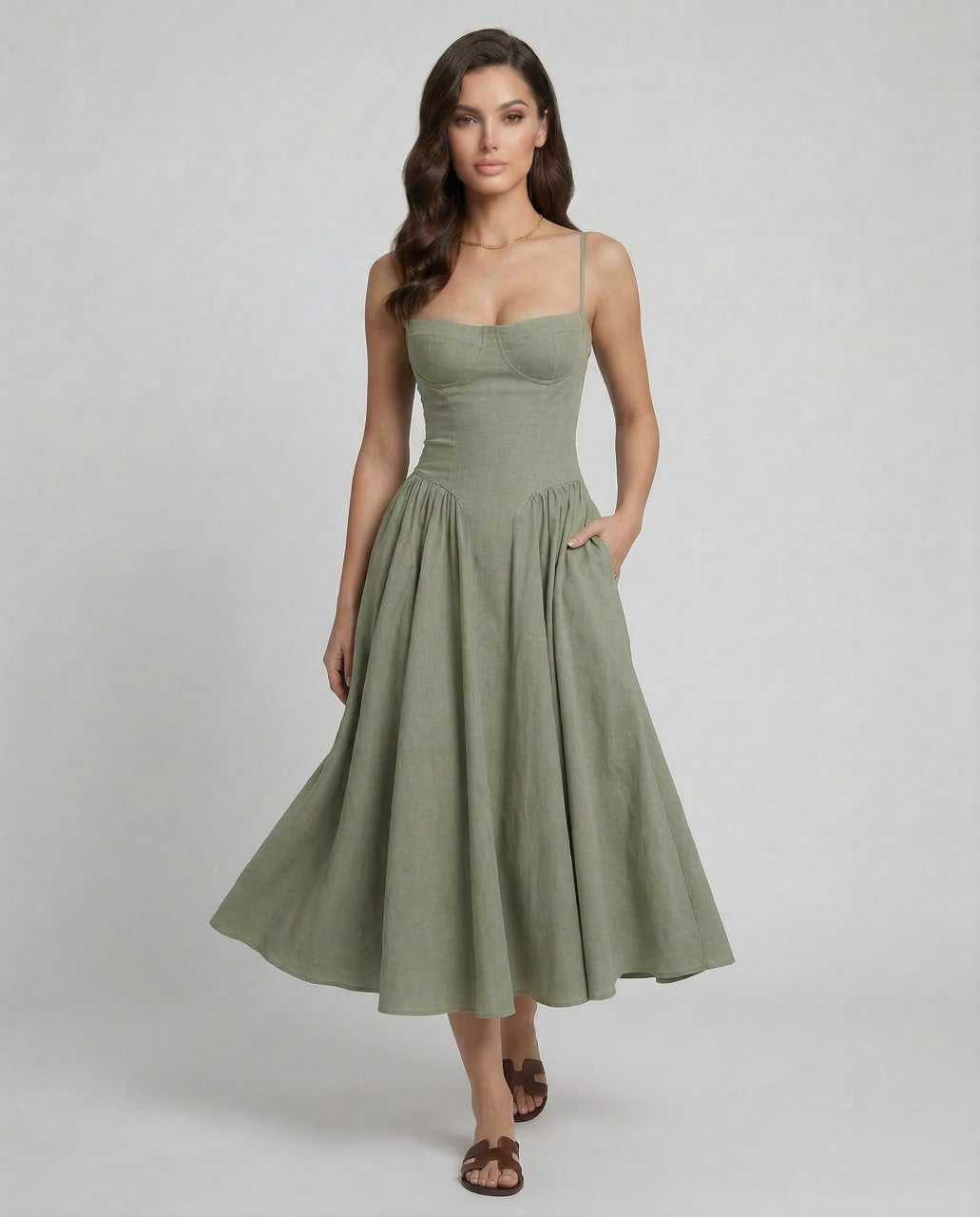 Wuma Midi Dress by RAMBLION, green color, slash neckline, perfect for elegant occasions, 100% cotton denim.