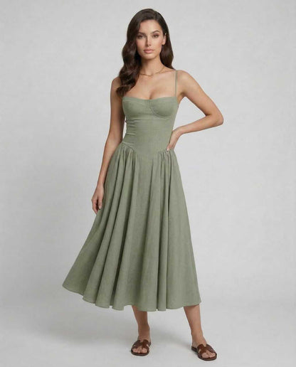 Wuma Midi Dress from RAMBLION in green with slash neckline, spaghetti straps, perfect for elegant occasions.