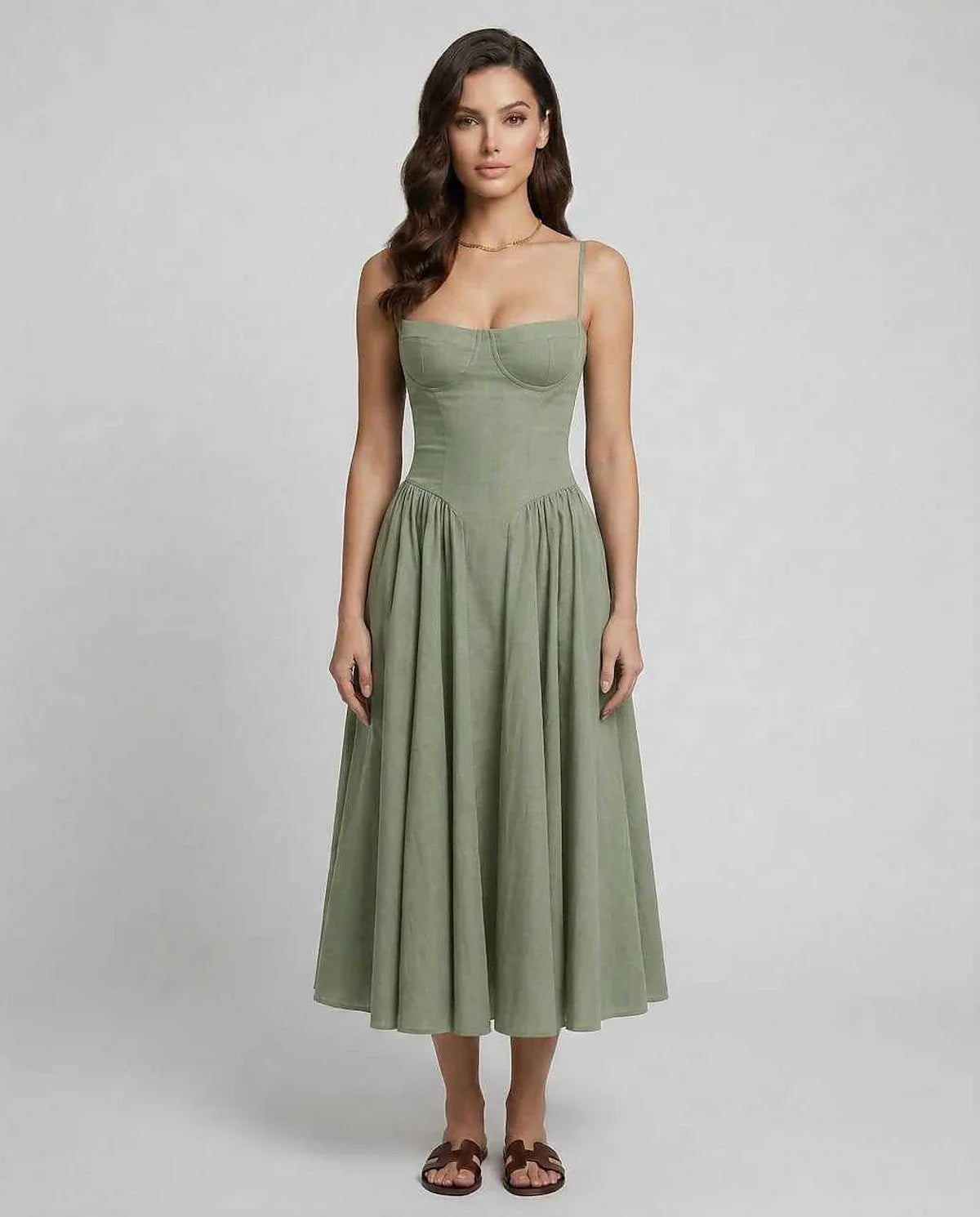 Sage Cotton Slip Round Neck Sleeveless Midi Dress | Formal Occasions, Party Nights, Day-to-Night & Weekend Wear, front view | | SKU: LMD-374859201-sage-L-4514,LMD-374859201-sage-M-6664,LMD-374859201-sage-S-5651,LMD-374859201-sage-XL-9743,LMD-374859201-sage-XS-2690